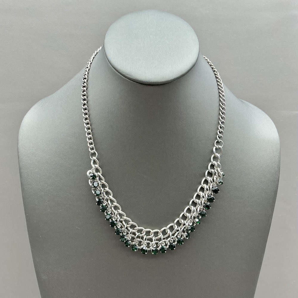 Necklace Green Rhinestone Silver Tone Chunky Chain Bib Statement Dangle Collar